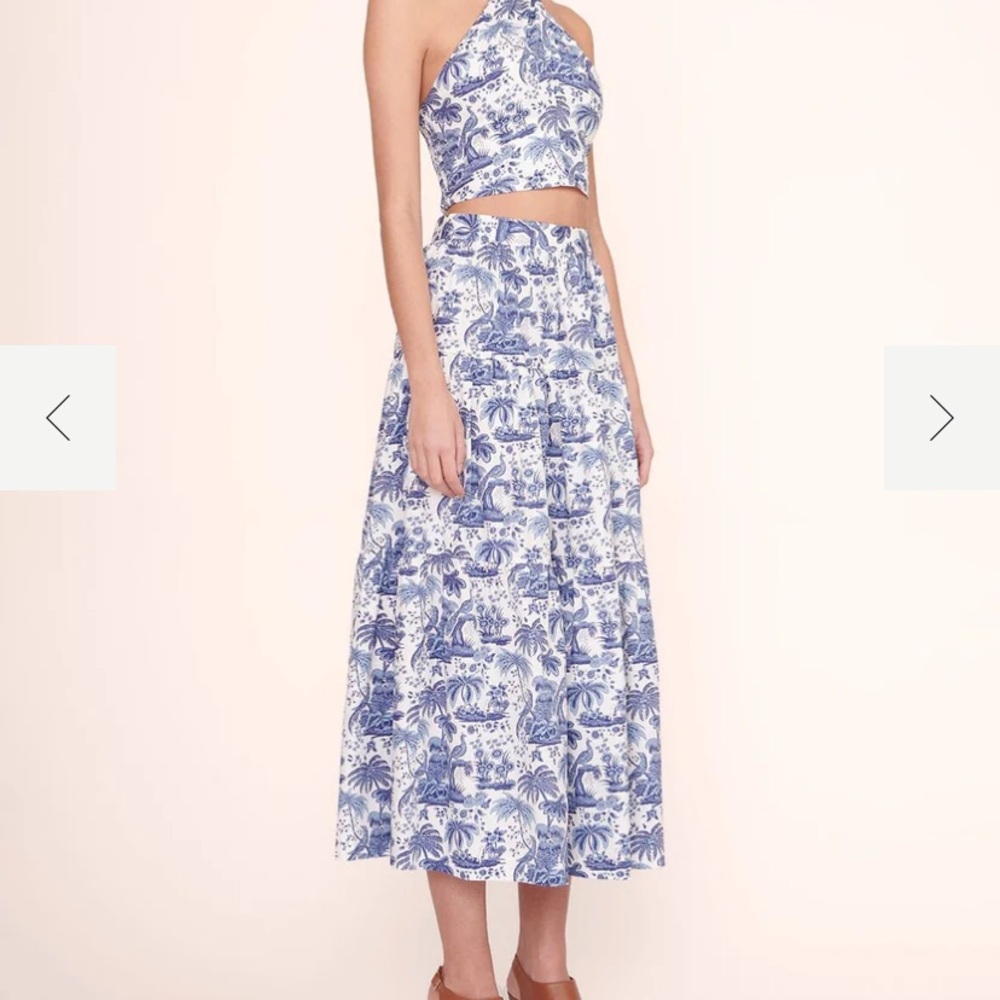 STAUD Blue and White Toile Midi Skirt